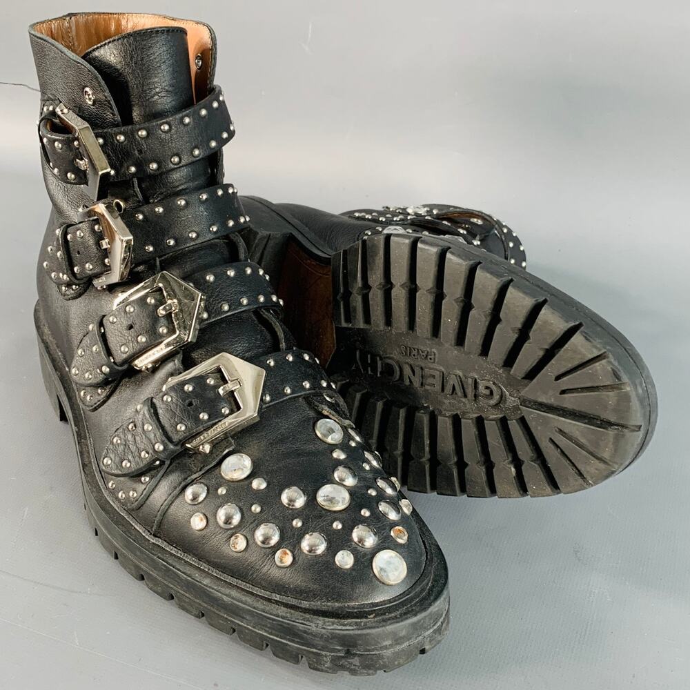 GIVENCHY Size 8 Black Studded Leather Belted Ankle Boots - Picture 5 of 11